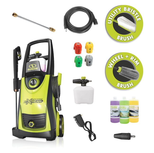 Sun Joe 13-amp 2200 PSI Extreme Clean Electric Pressure Washer with spray wand, foam cannon, quick connect tips, detergents, turbo nozzle, hose, utility brush, and rim brush.