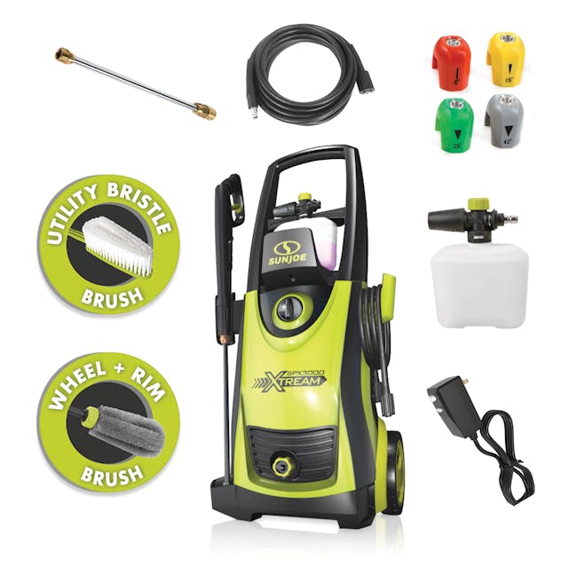 Sun Joe 13-amp 2200 PSI Extreme Clean Electric Pressure Washer with spray wand, high pressure hose, foam cannon, 4 quick connect tips, utility brush, and rim brush.