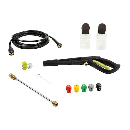 Spray wand, high-pressure hose, garden hose connecter, , 5 quick-connect tips, 2 detergent tanks, and needle clean out tool.