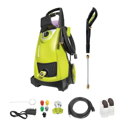 Sun Joe 14.5-amp 2030 PSI Electric Pressure Washer with spray wand, high-pressure hose, garden hose connecter, two detergent tanks, 5 quick connect tips, and needle clean out tool.