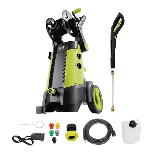 Sun Joe 14.5-amp 2030 PSI Electric Pressure Washer with spray wand, hose, hose connector, detergent tank, quick connect tips, and needle clean out tool.