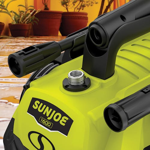 Close-up of the water outlet on the Sun Joe 11-amp 1600 PSI Electric Pressure Washer.