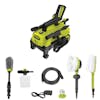 Sun Joe 11-amp 1600 PSI Electric Pressure Washer with foam cannon, hose, hose adapter, utility brush, rim brush, and rotary brush.