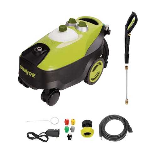 Sun Joe 14.5-amp 2030 PSI Portable Electric Pressure Washer with spray wand, hose, hose adapter, quick connect tips, and needle clean out tool.