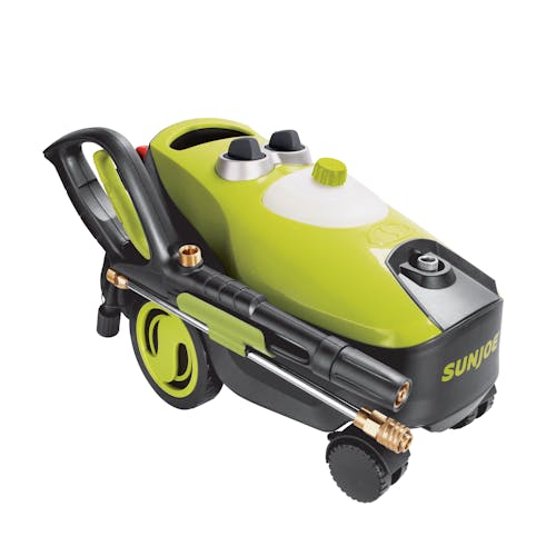 Angled view of the Sun Joe 13-amp 2300 PSI Follow-Along 4-Wheeled Electric Pressure Washer.