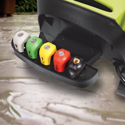 Close-up of the quick connect nozzles on the back of the Sun Joe 13-amp 2300 PSI Follow-Along 4-Wheeled Electric Pressure Washer.