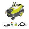Sun Joe 13-amp 2300 PSI Follow-Along 4-Wheeled Electric Pressure Washer with spray wand, hose, hose adapter, quick connect tips, and needle clean out tool.