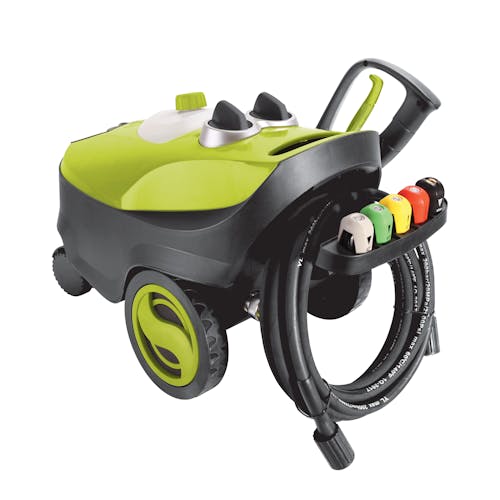 Rear-angled view of the Sun Joe 13-amp 2300 PSI Follow-Along 4-Wheeled Electric Pressure Washer.
