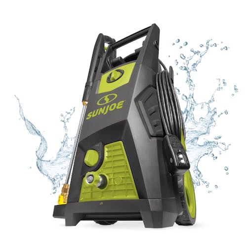 Sun Joe 14.9-amp 2350 PSI Brushless Induction Electric Pressure Washer with a water splash effect around it.