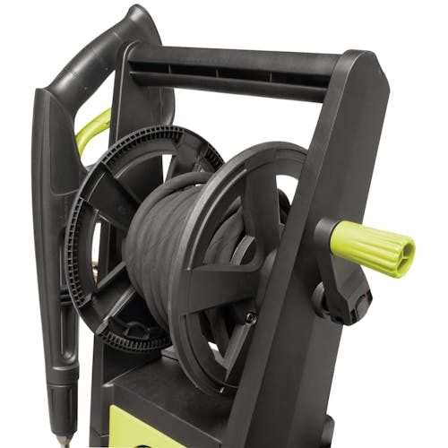 Close-up of the hose reel on the Sun Joe 13-amp 2250 PSI Brushless Induction Electric Pressure Washer.