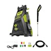 Sun Joe 13-amp 2250 PSI Brushless Induction Electric Pressure Washer with spray wand, hose, hose adapter, quick connect tips, and needle clean out tool.