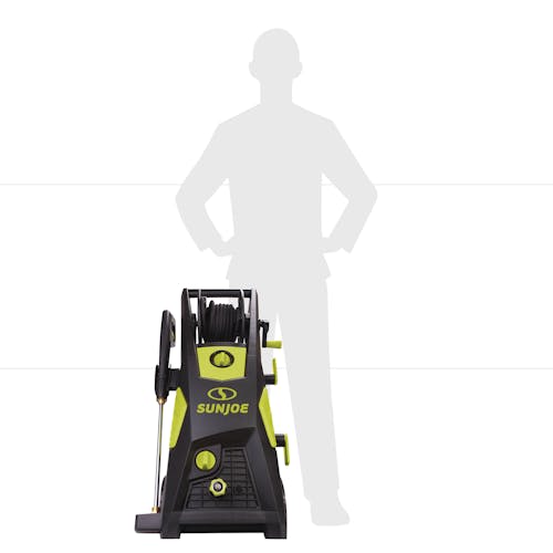 Actual size depiction of the Sun Joe 13-amp 2300 PSI Brushless Induction Electric Pressure Washer which is about waist height.