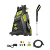 Sun Joe 13-amp 2300 PSI Brushless Induction Electric Pressure Washer with spray wand, hose, hose adapter, quick connect tips, and needle clean out tool.