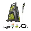Sun Joe 14.9-amp 2350 PSI Brushless Induction Electric Pressure Washer with spray wand, hose, hose adapter, quick connect tips, and needle clean out tool.