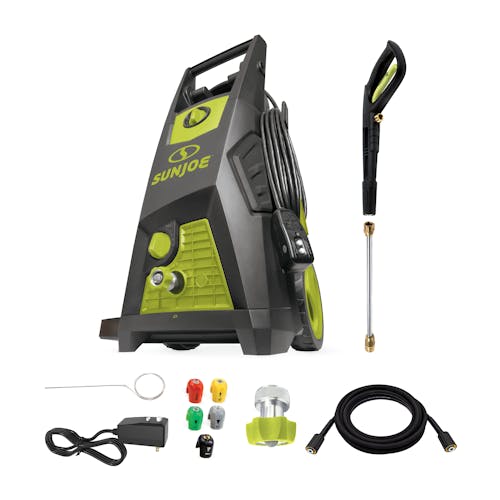 Sun Joe 14.9-amp 2350 PSI Brushless Induction Electric Pressure Washer with spray wand, hose, hose adapter, quick connect tips, and needle clean out tool.