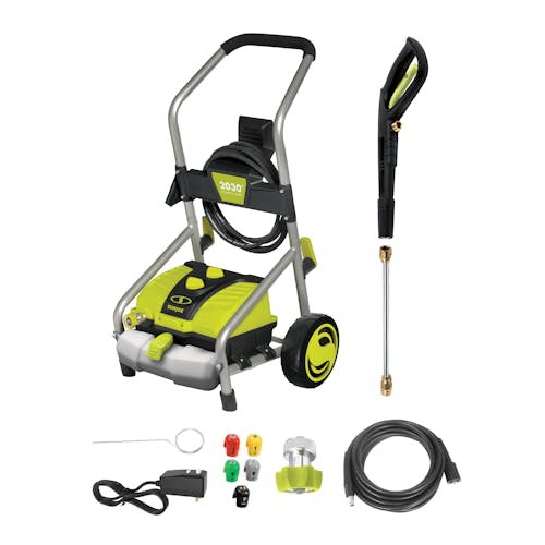 Sun Joe 14.5-amp 2030 PSI Electric Pressure Washer with spray wand, hose, hose adapter, quick connect tips, and needle clean out tool.