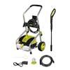 Sun Joe 14.5-amp 2200 PSI Electric Pressure Washer with spray wand, hose, hose adapter, and needle clean out tool.