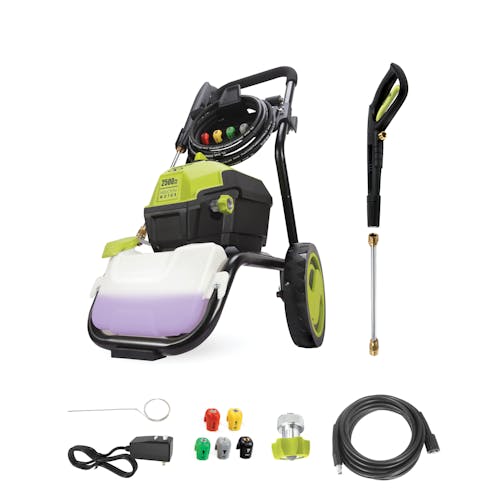 Sun Joe 13-amp 2500 PSI High Performance Induction Motor Electric Pressure Washer. with spray wand, hose, hose adapter, quick connect tips, and needle clean out tool.