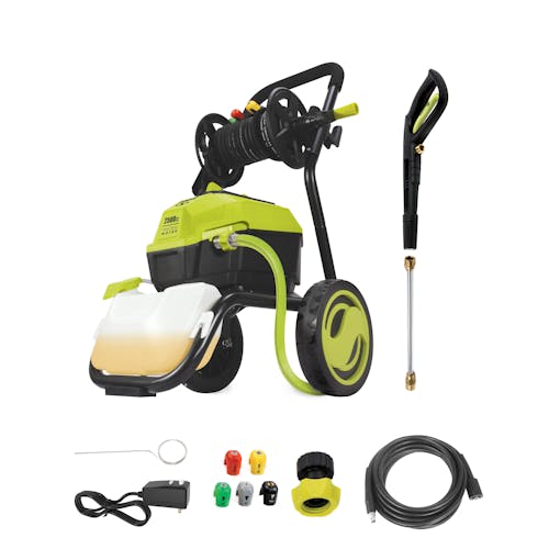 Sun Joe 13-amp 2500 PSI High Performance Electric Pressure Washer with spray wand, hose, hose adapter, quick connect tips, and needle clean out tool.