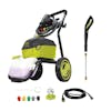 Sun Joe 14.5-amp 3000 PSI High Performance Brushless Induction Motor Electric Pressure Washer with spray wand, hose, hose adapter, quick connect tips, and needle clean out tool.