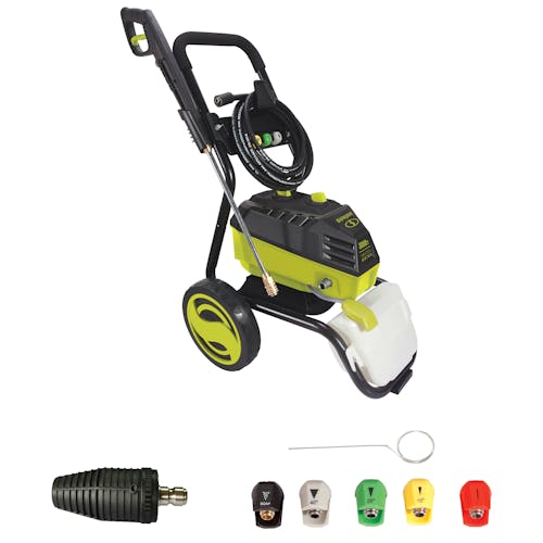 Sun Joe 14.5-amp 3000 PSI High Performance Brushless Electric Pressure Washer with spray wand, hose, hose adapter, turbo nozzle, quick connect tips, and needle clean out tool.