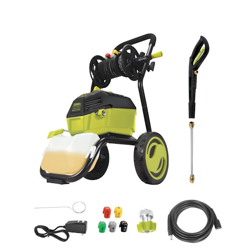 Sun Joe 14.5-amp 3000 PSI High Performance Electric Pressure Washer with spray wand, hose, hose adapter, quick connect tips, and needle clean out tool.
