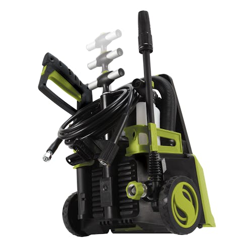 Rear-angled view of the Sun Joe 13-amp 2000 PSI 2-in-1 Electric Pressure Washer and Vacuum with motion blur showing the telescopic handle.