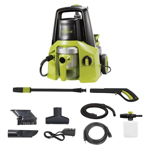 Sun Joe 13-amp 2000 PSI 2-in-1 Electric Pressure Washer and Vacuum with foam cannon, spray wand, hose, suction hose, crevice nozzle, dusting brush, and all purpose nozzle.