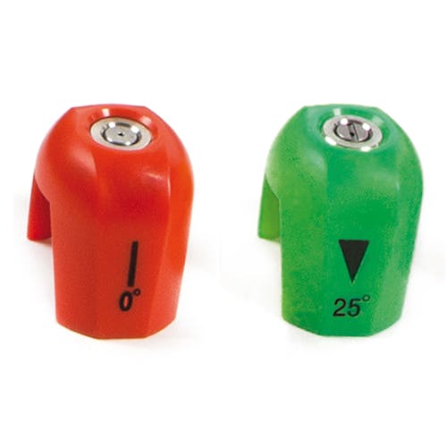 2 quick connect nozzles for the Sun 14.9-amp 3200 PSI High-Performance Brushless Induction Electric Pressure Washer: 0-degree red tip, and a 25-degree green tip.