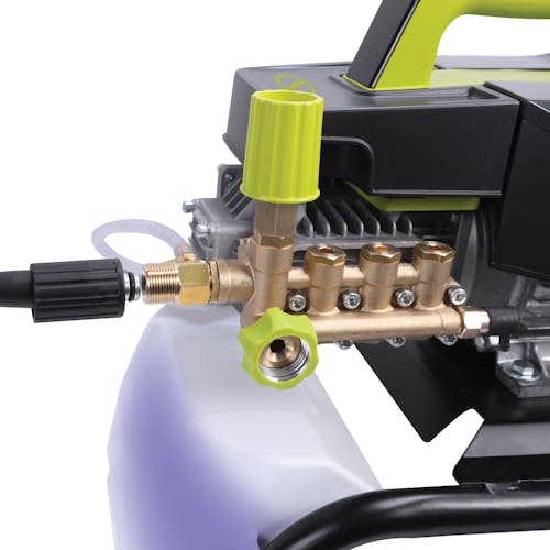 Close-up of the water outlet and adjustable pressure valve on the Sun Joe 13.5-amp 1800 PSI Commercial Series Cold Water Electric Direct Drive Crank Shaft Pressure Washer.