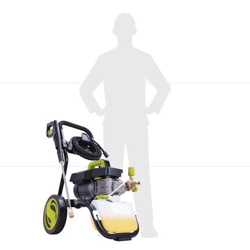 Actual size depiction of the Sun Joe 13.5-amp 1800 PSI Commercial Series Cold Water Electric Direct Drive Crank Shaft Pressure Washer which is about waist height.