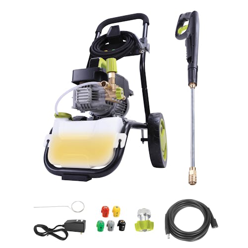 Sun Joe 13.5-amp 1800 PSI Commercial Series Cold Water Electric Direct Drive Crank Shaft Pressure Washer with spray wand, hose, hose adapter, quick connect tips, and needle clean out tool.