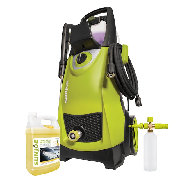 Sun Joe 14.5-amp 2030 PSI Electric Pressure Washer with a 34-ounce Foam Cannon and a 1-gallon Pineapple Scented Car Wash Soap and Cleaner.