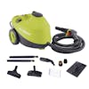 Sun Joe 15-amp 50 PSI Heavy Duty Steamer with steam hose, squeegee attachment, 3 brush attachments, wallpaper steam plate, extension tubes, jet nozzle, trigger hose, and cotton cloth.