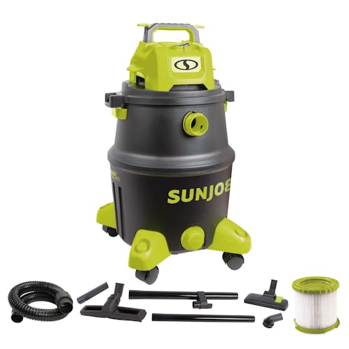 Sun Joe 1200-watt 12-gallon HEPA Filtration Wet/Dry Shop Vacuum with HEPA filter, extension tubes, and nozzle attachments.