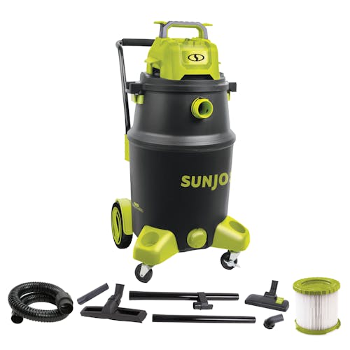 Sun Joe 1200-watt 16-gallon HEPA Filtration Wet/Dry Shop Vacuum with HEPA filter, extension tubes, and nozzle attachments.