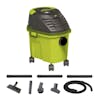 Sun Joe 2.6-gallon Ultra-Portable Wheeled Wet/Dry Vacuum with extension tubes and nozzle attachments.