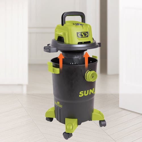 Sun Joe 1200-watt 5-gallon HEPA Filtration Wet/Dry Shop Vacuum with up arrows showing how the top comes off.
