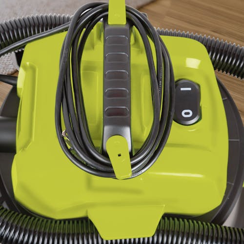 Close-up of the top of the Sun Joe 1200-watt 8-gallon HEPA Filtration Wet/Dry Shop Vacuum with the power cord wrapped around the handle.