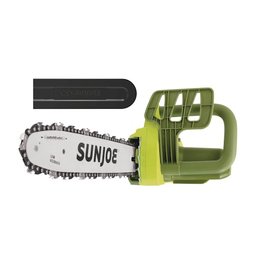Sun Joe 9-amp 14-inch Electric Handheld Chainsaw with blade cover.