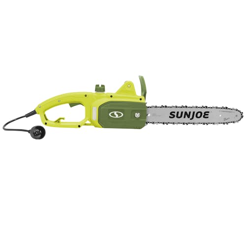 Side view of the Sun Joe 9-amp 14-inch Electric Handheld Chainsaw.