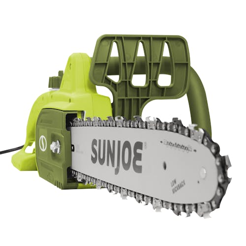 Close-up angled view of the Sun Joe 9-amp 14-inch Electric Handheld Chainsaw.