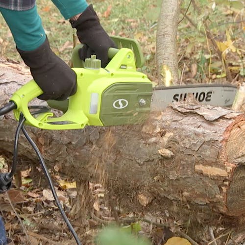 Sun Joe 9-amp 14-inch Electric Handheld Chainsaw cutting through a large tree.