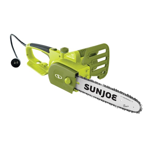 Left-angled view of the Sun Joe 9-amp 12-inch Electric Chain Saw.