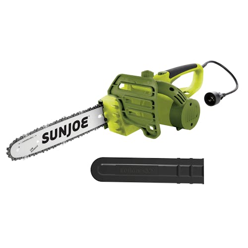 Sun Joe 9-amp 12-inch Electric Chain Saw with blade cover.