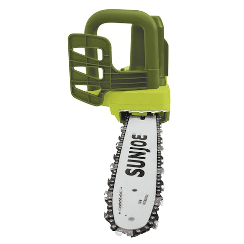 Close-up of the bar and chain on the Sun Joe 9-amp 14-inch Electric Chain Saw.