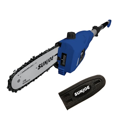 Sun Joe 6.5-amp 8-inch Electric Multi-Angle Blue-colored Pole Chain Saw with blade cover.