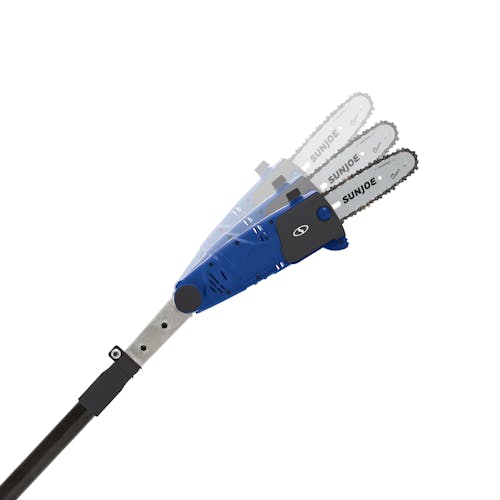 Close-up side view of the Sun Joe 6.5-amp 8-inch Electric Multi-Angle Blue-colored Pole Chain Saw with motion blue showing the adjustable head.