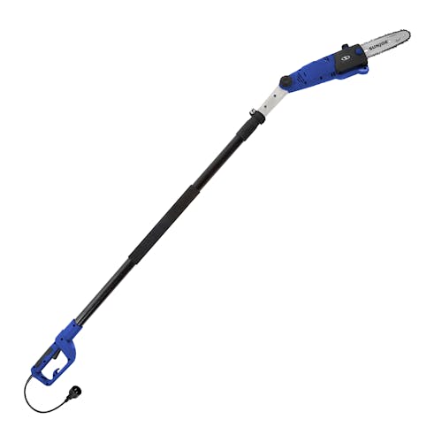 Side view of the Sun Joe 6.5-amp 8-inch Electric Multi-Angle Blue-colored Pole Chain Saw with the head angle adjusted.