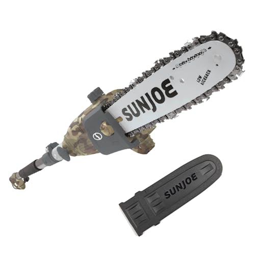 Sun Joe 8-amp 10-inch Electric Multi-Angle Camo-pattern Pole Chain Saw with blade cover.